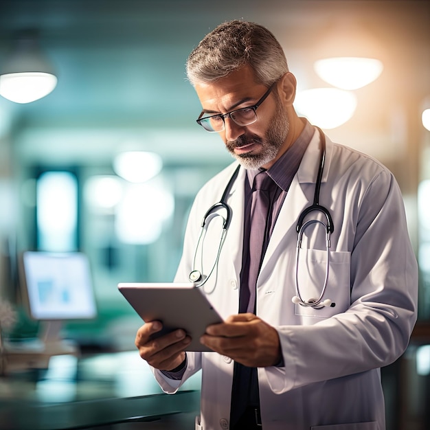 Um médico usando um tablet digital para acessar registros de pacientes e tomar decisões informadas