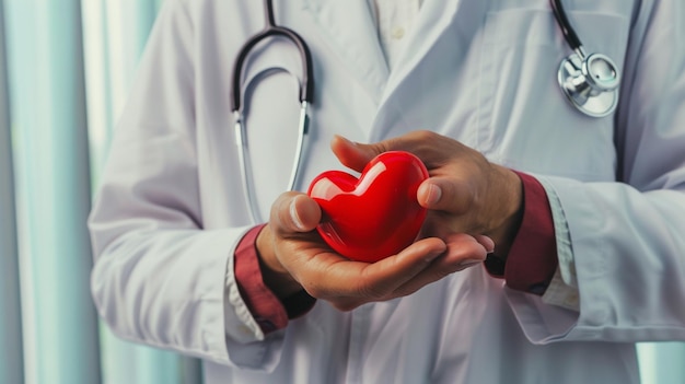 Um médico vestindo uma bata branca de laboratório está segurando um objeto em forma de coração símbolo de amor generativo ai