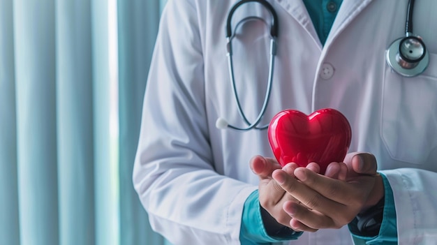 Um médico vestindo uma bata branca de laboratório está segurando um objeto em forma de coração símbolo de amor generativo ai