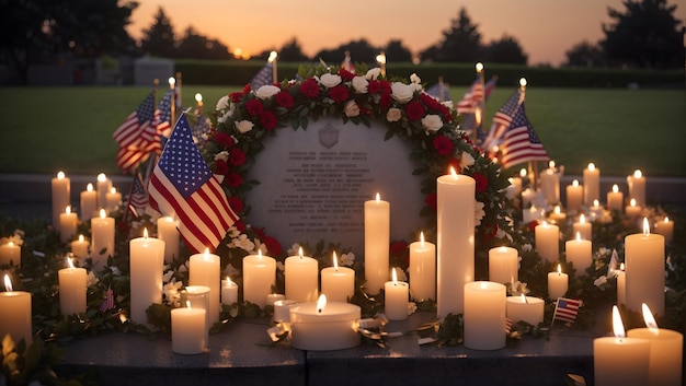 Foto um memorial com velas e guirlandas em homenagem àqueles que se sacrificam por seu país