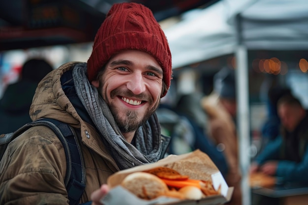 Um mendigo de casaco desgastado alegra-se com a comida que recebeu