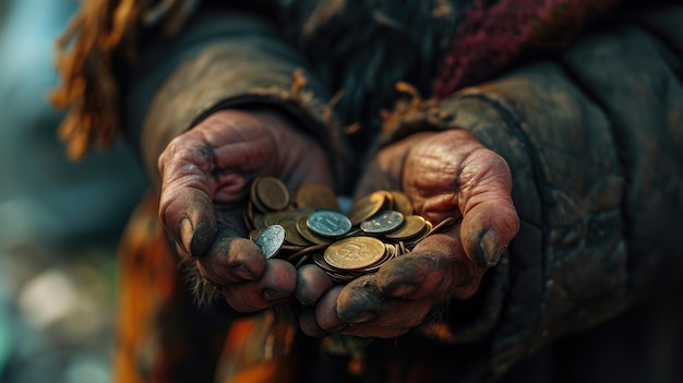 Um mendigo segurando moedas com mãos sujas na rua AI generativa