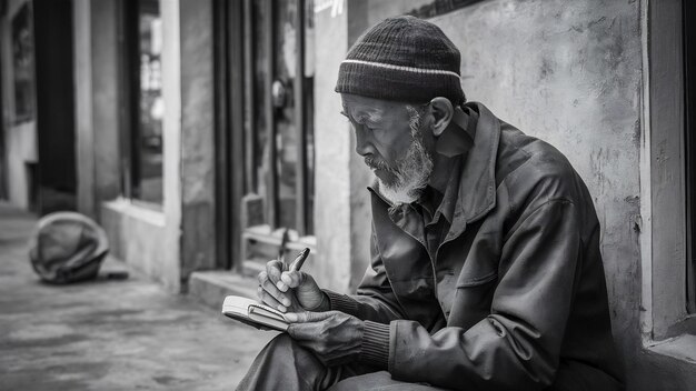 Foto um mendigo sem-abrigo escreve algo no seu caderno, uma foto em preto e branco.