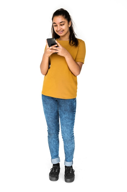 Um, menina adolescente, com, smartphone