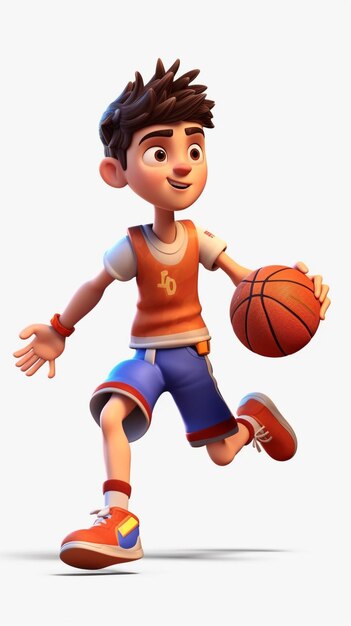 Um menino 3D jogando basquete personagem de desenho animado pronto para atirar a bola