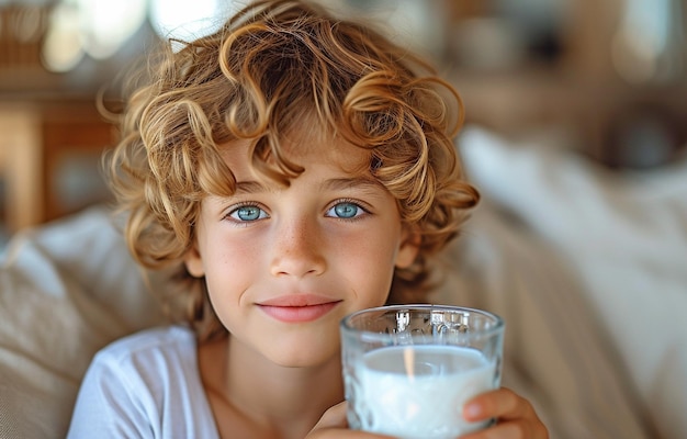 Um menino a beber leite de um copo.