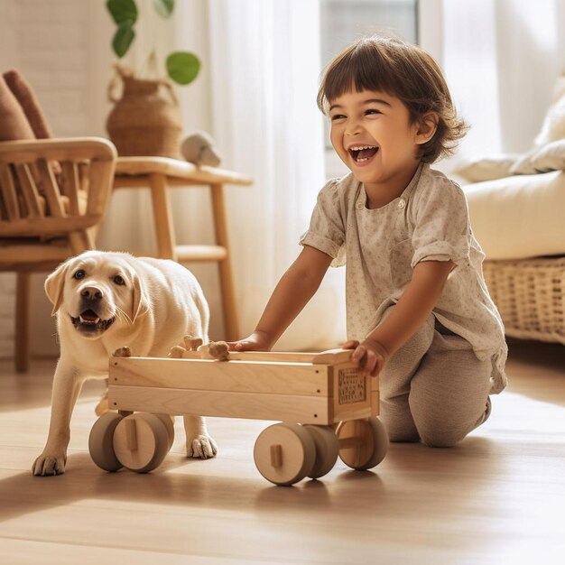 Foto um menino a brincar com um cão de brinquedo de madeira e uma caixa de madeira