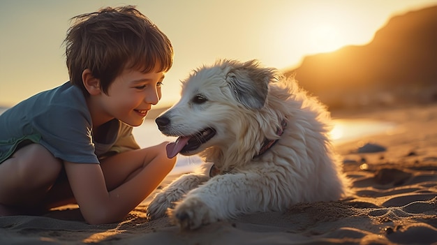 Um menino a brincar com um cão numa praia.