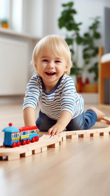 Foto um menino a brincar com um comboio de brinquedo no chão