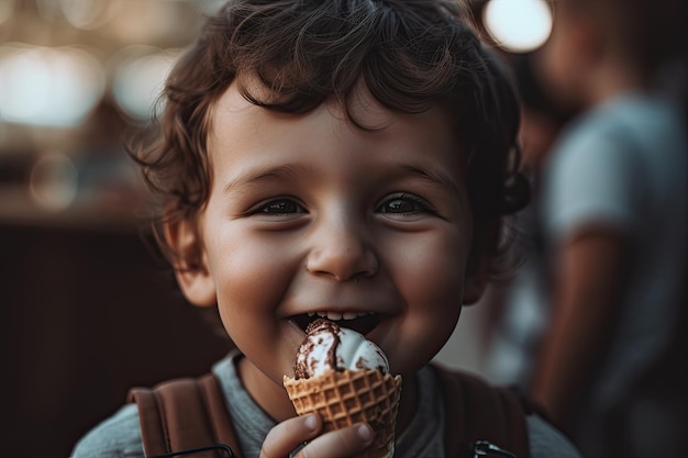 Um menino a comer um waffle cone