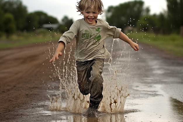 Um menino a correr pela poça depois da chuva.