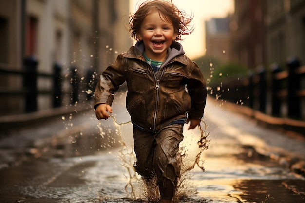 Um menino a correr pela poça depois da chuva.