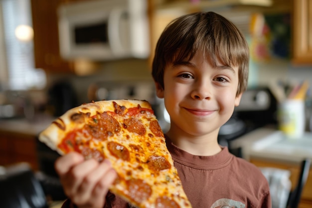 Um menino a desfrutar de uma fatia de pizza