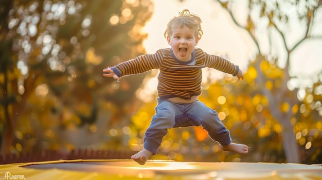 Foto um menino a saltar num trampolim dourado.