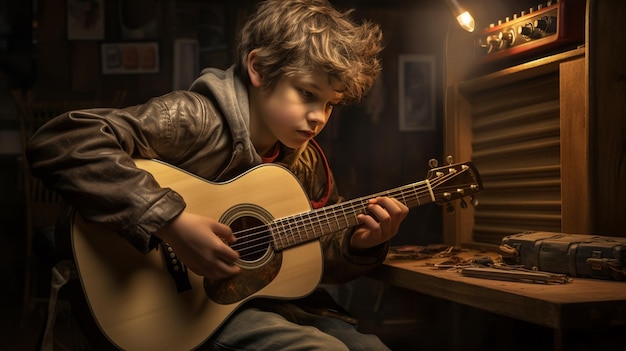 um menino a tocar guitarra de caixa