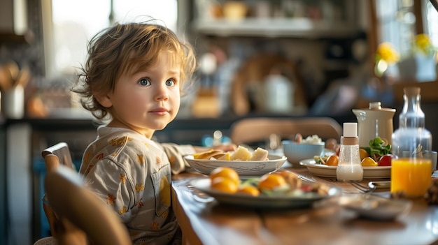 Um menino a tomar o pequeno-almoço numa cozinha de manhã