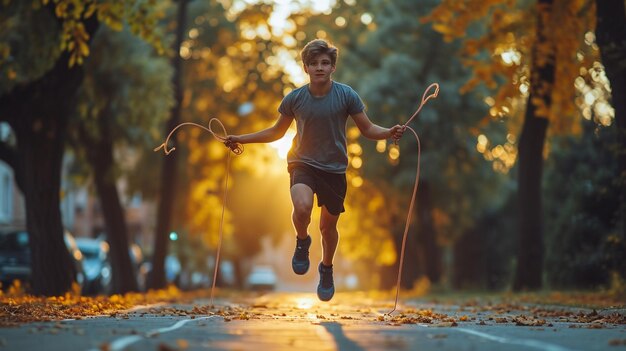 Um menino adolescente pulando vigorosamente uma corda em um papel de parede