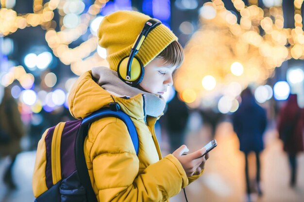 Foto um menino adolescente usando fones de ouvido está focado em seu celular enquanto está de pé na rua