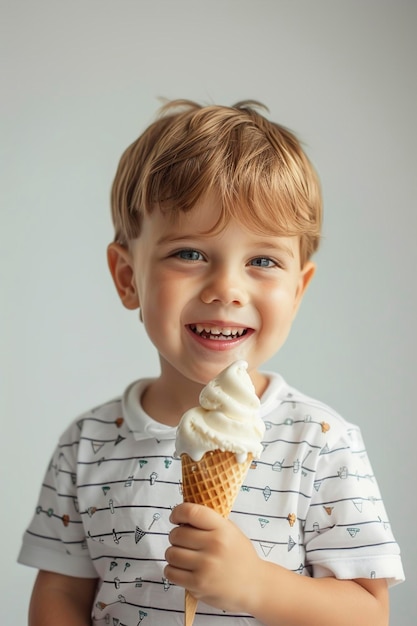 Um menino adorável com um delicioso gelado.