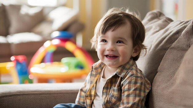 Foto um menino adorável no sofá.