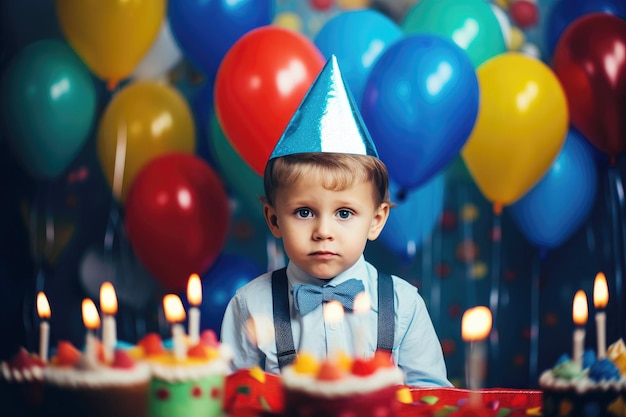 Um menino adorável usando um boné festivo celebra seu aniversário em meio a uma sala adornada