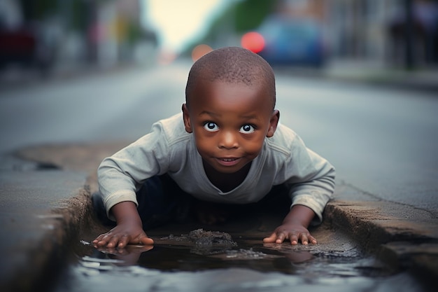 Um menino africano apaga sua sede embriagando-se em uma poça em uma rua empoeirada