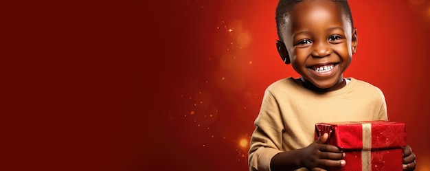 Um menino africano está desembalando um presente e ri no fundo vermelho Banner espaço de cópia Generative ai
