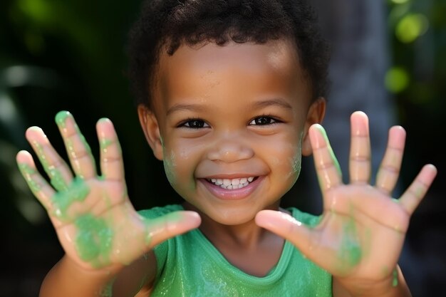 Um menino africano sorridente mostra as mãos manchadas de babaca verde brincando com babaca.