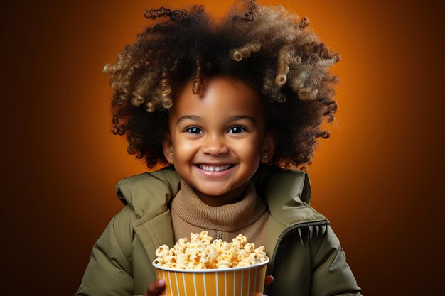 Um menino afro-americano engraçado e ridículo come pipocas de caramelo.