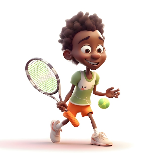 Foto um menino afro-americano feliz a jogar ténis isolado em fundo branco.