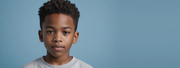 Um menino afro-americano isolado em um fundo azul claro com espaço de cópia