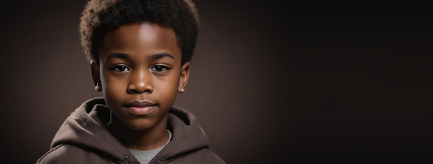 Um menino afro-americano isolado em um fundo castanho escuro com espaço para copiar