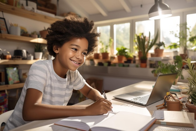 Um menino afro-americano sorridente sentado em uma mesa com um laptop em um quarto aconchegante, um menino preto inteligente fazendo sua lição de casa, tendo uma lição on-line, participando de uma reunião na web com o tutor.