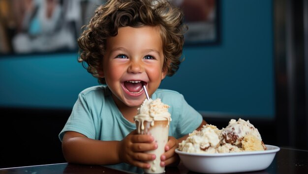 Um menino alegre a desfrutar de um delicioso gelado