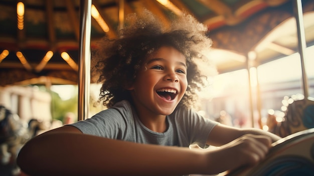 Foto um menino alegre anda num carrossel uma bela ilustração