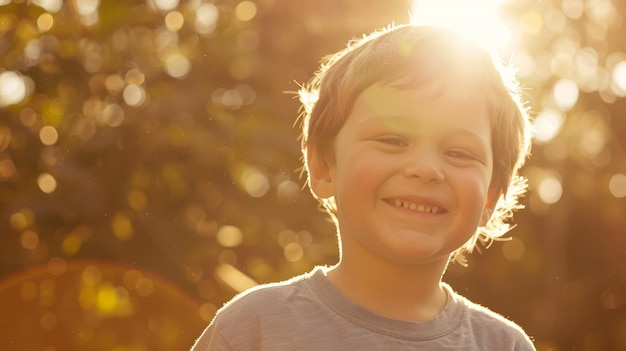 Um menino alegre banha-se na luz dourada do sol com um sorriso animado.