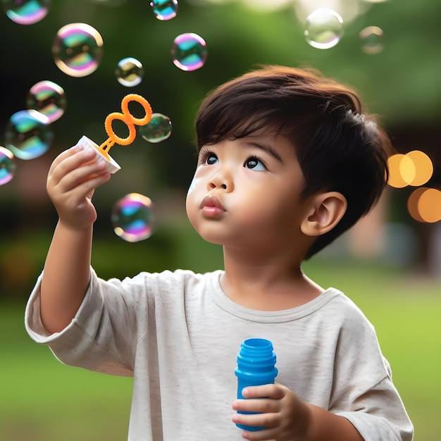 Um menino alegre brincando com bolhas de sabão num dia ensolarado no parque