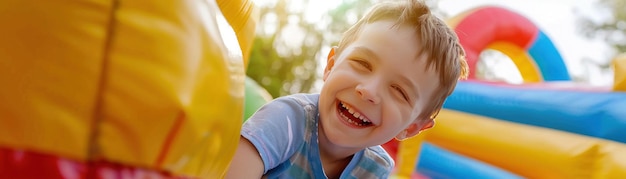 Foto um menino alegre brincando e sorrindo em um castelo saltador colorido em um dia ensolarado no parque