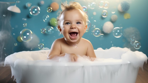 um menino alegre brincando em uma banheira de espuma