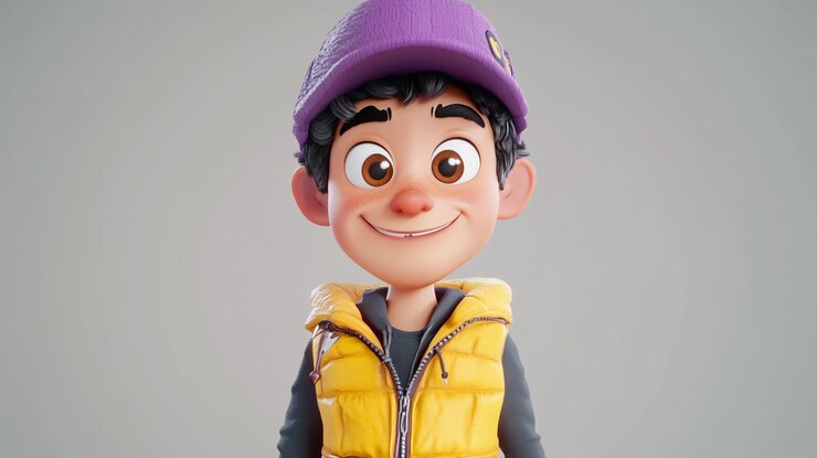 Foto um menino alegre com um colete amarelo e um boné roxo sorri calorosamente abraçando uma vibração divertida e brincalhona