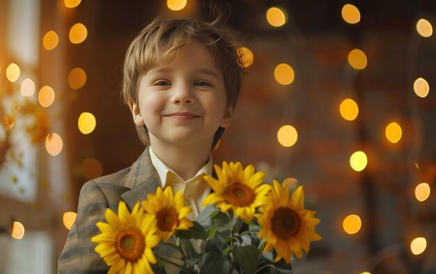 Um menino alegre com um sorriso radiante segura um buquê de girassóis brilhantes com luzes quentes e brilhantes criando uma atmosfera de festa aconchegante ao seu redor