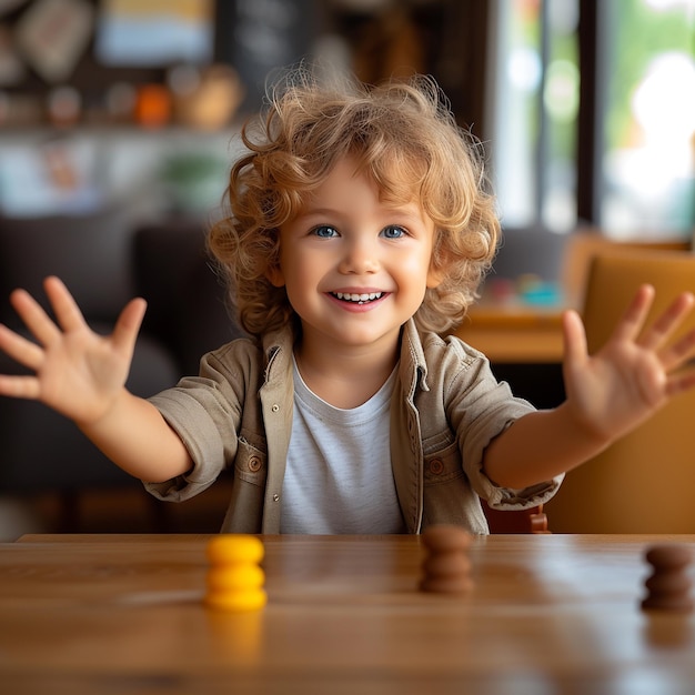 Um menino alegre está brincando na mesa em casa.