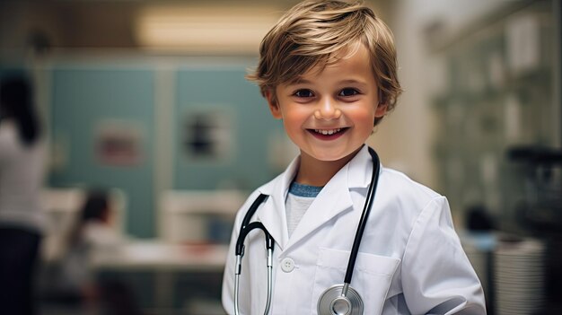 Um menino alegre num quarto de hospital vestido com uma roupa de médico.