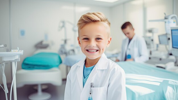 Um menino alegre num quarto de hospital vestido com uma roupa de médico.