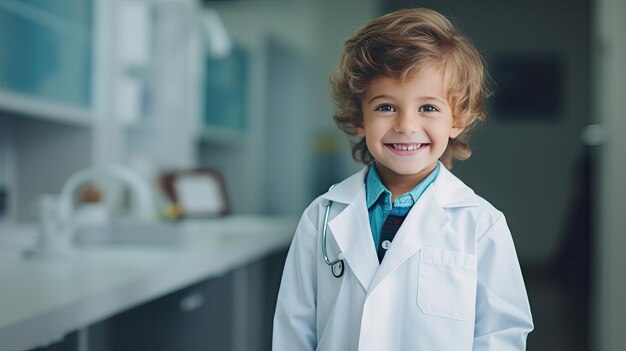 Um menino alegre num quarto de hospital vestido com uma roupa de médico.