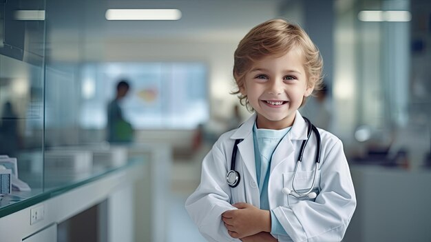 Um menino alegre num quarto de hospital vestido com uma roupa de médico.