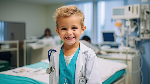 Um menino alegre num quarto de hospital vestido com uma roupa de médico.