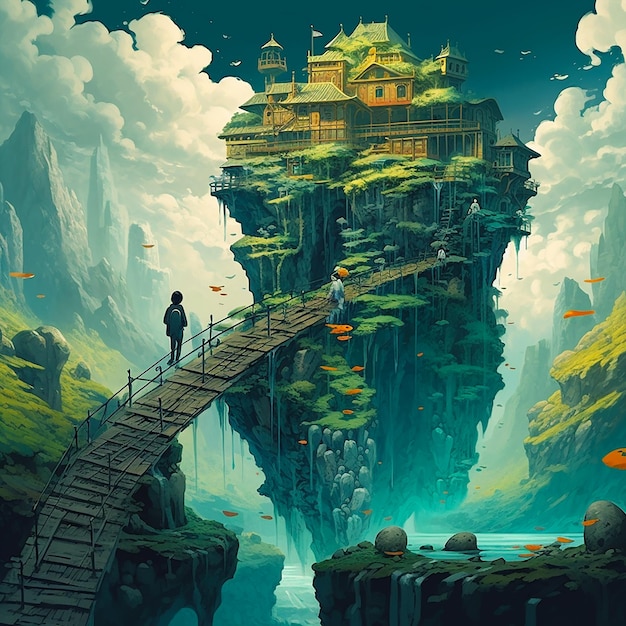 Foto um menino anda na ponte para a ilha flutuante de fantasia