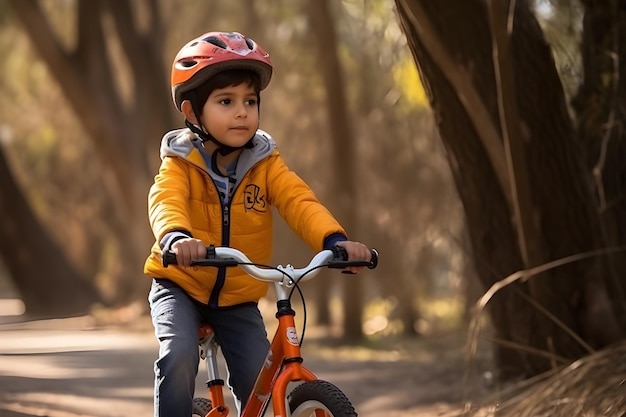 Um menino andando de bicicleta em um parque