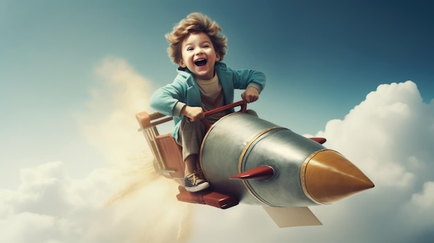 Um menino animado pilotando o foguete acima das nuvens no céu Imagem generativa de IA weber